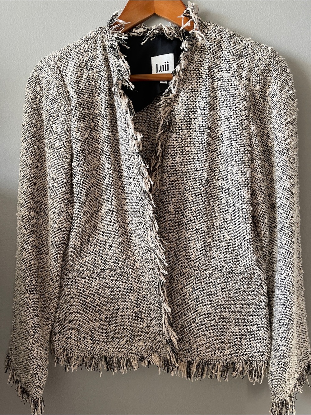 Luii Tweed Fringe Open Front Cardigan M